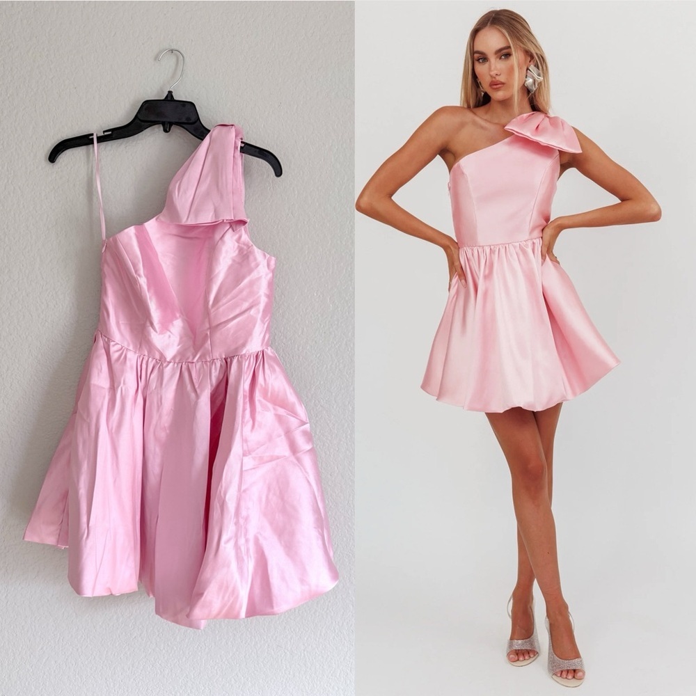 Angel Biba Athens Shoulder Bow Bubble Hem Mini Dress Blush